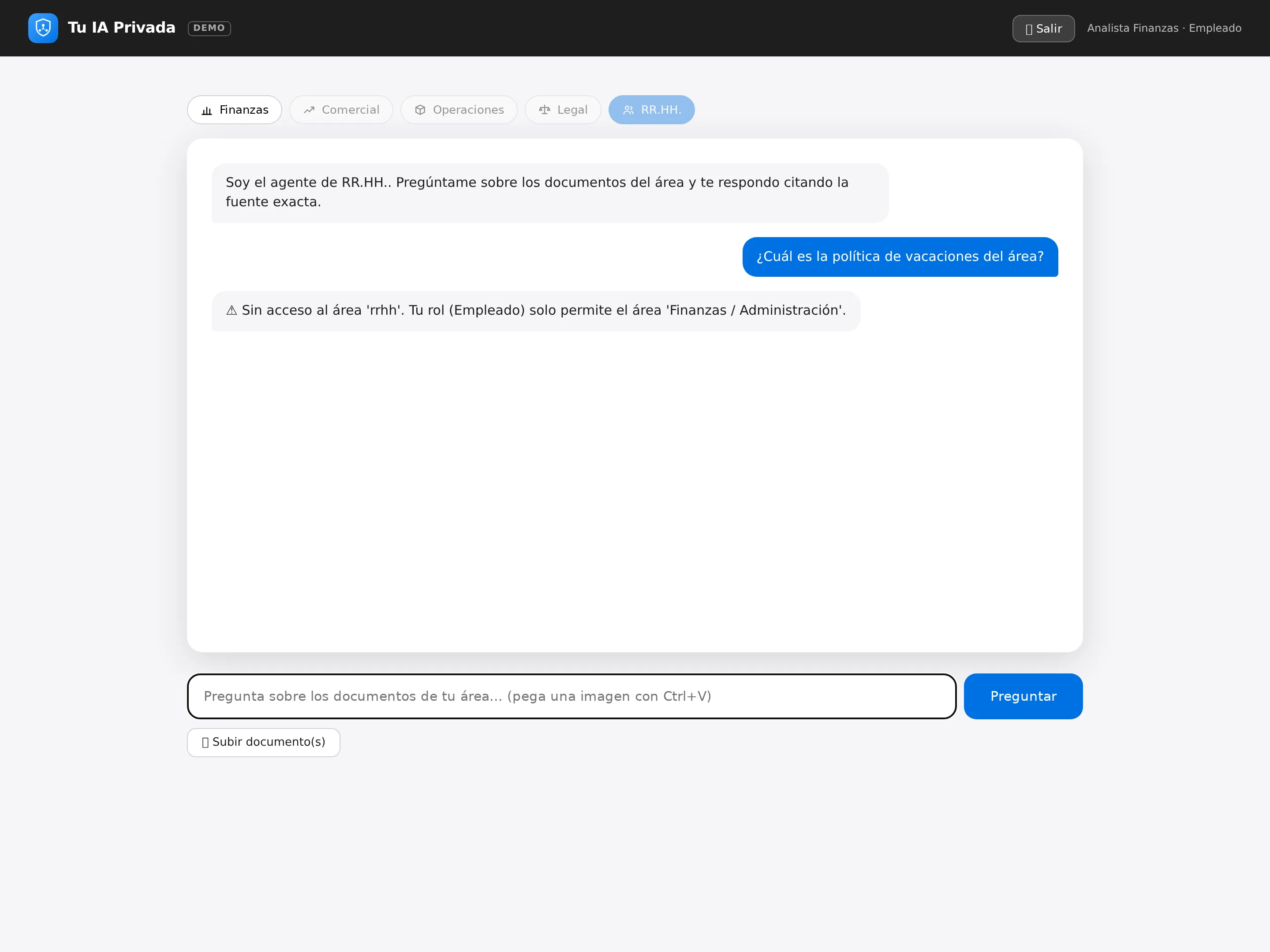 Empleado de Finanzas intenta consultar RR.HH. y el sistema bloquea la consulta